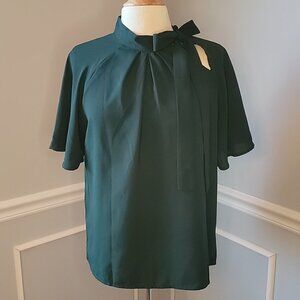 SHEIN Dark Green Ruched Scarf Tie Neck Flutter Sleeve Keyhole Holiday Blouse L